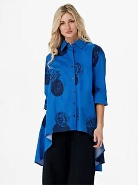 Truth + Style Blue Abstract Print Poplin High-Low Button Front Shirt Size XL
